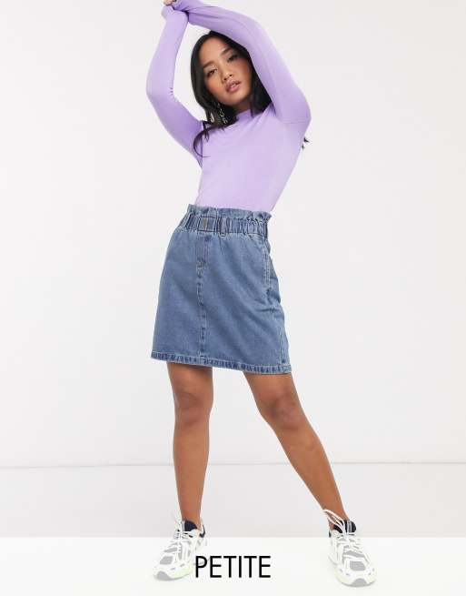 Noisy May Petite denim paperbag mini skirt in mid blue