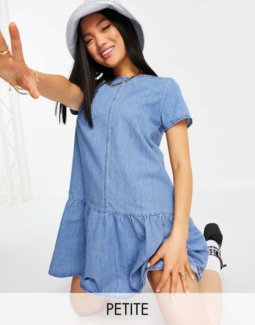 Noisy May Petite denim smock dress with drop hem in blue