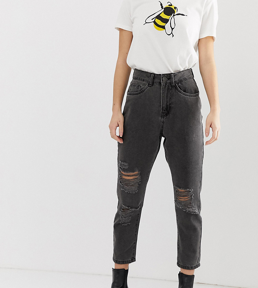 Noisy May - Petite - Distressed mom jeans in zwart