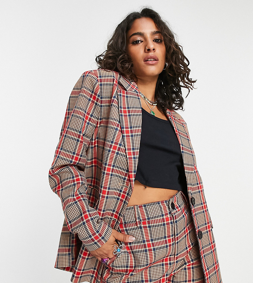 Noisy May Petite double breasted blazer in brown and pink check