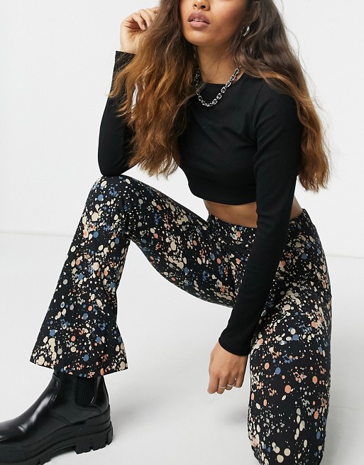 Noisy May Petite exclusive high waisted flares in black smudge print