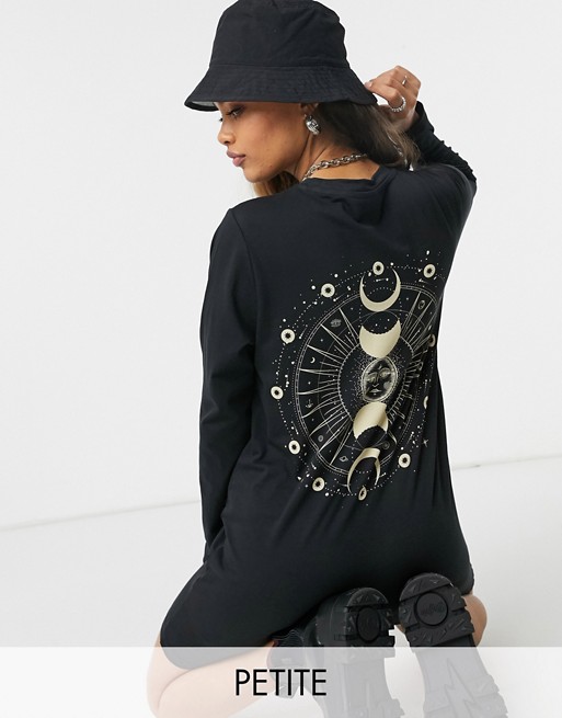 Noisy May Petite exclusive oversized mini t-shirt dress with cosmic motif in black