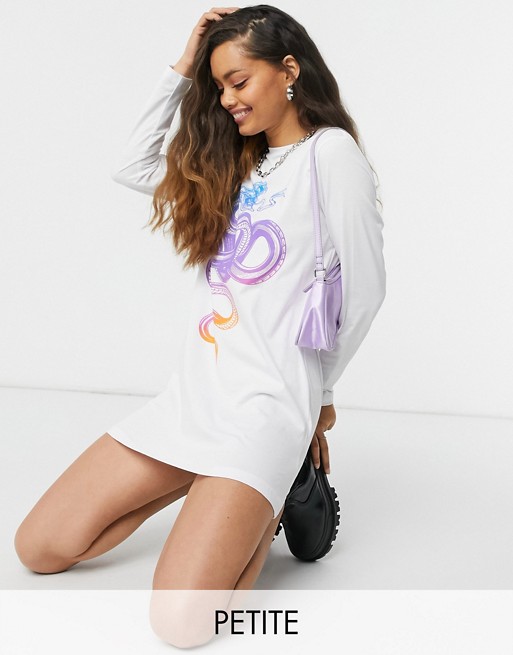 Noisy May Petite exclusive oversized mini t-shirt dress with dragon motif in white