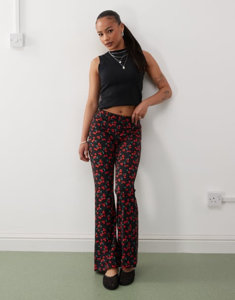 Noisy May Petite flare pants in black cherry print - view 1