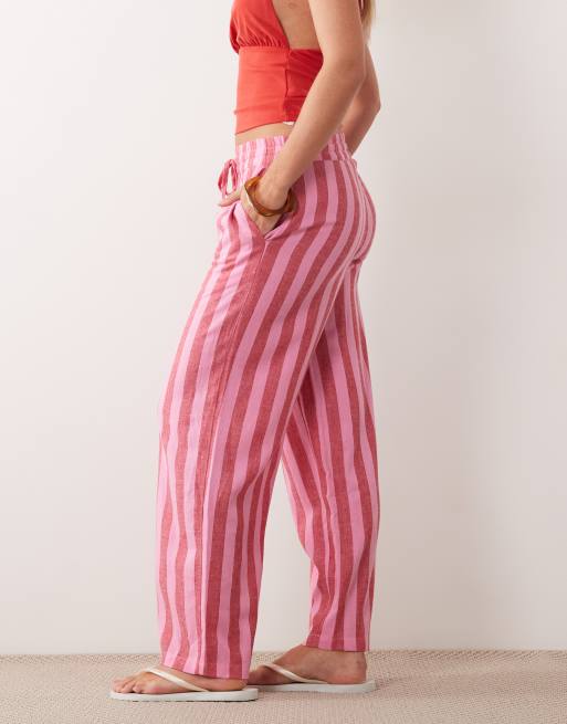 Noisy May Petite - Gestreepte broek van linnenmix in roze en rood, 2 van 5