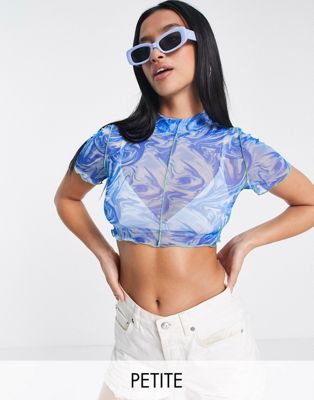 Noisy May Petite high neck crop top in blue marble