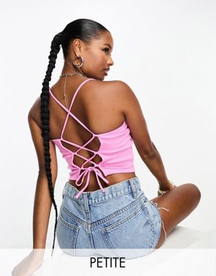 high neck lace up back top in pink-Blue