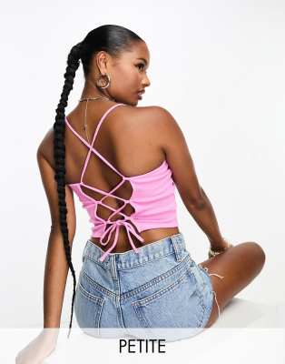 Noisy May Petite high neck lace up back top in pink-Blue