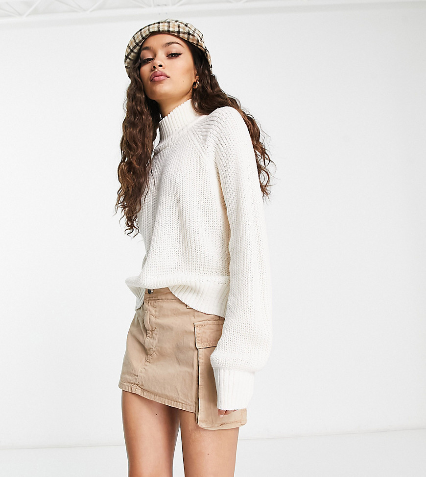 Noisy May Petite High Neck Knitted Sweater In Cream-white