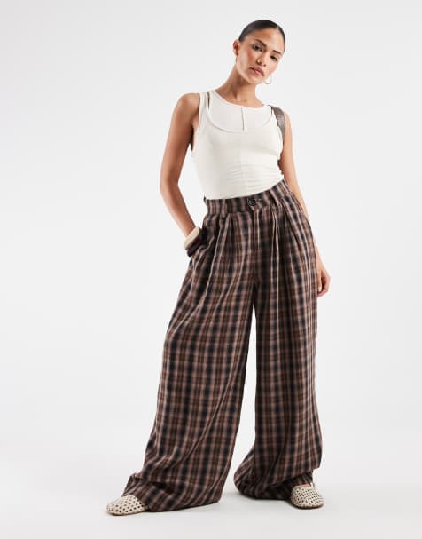 Noisy May Petite high waist wide leg plaid pants in brown - view 1