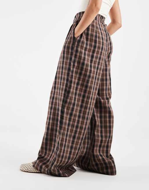 Noisy May Petite high waist wide leg plaid pants in brown, 2 of 5