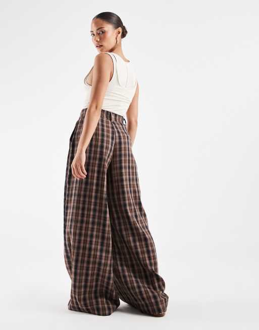 Noisy May Petite high waist wide leg plaid pants in brown, 3 of 5