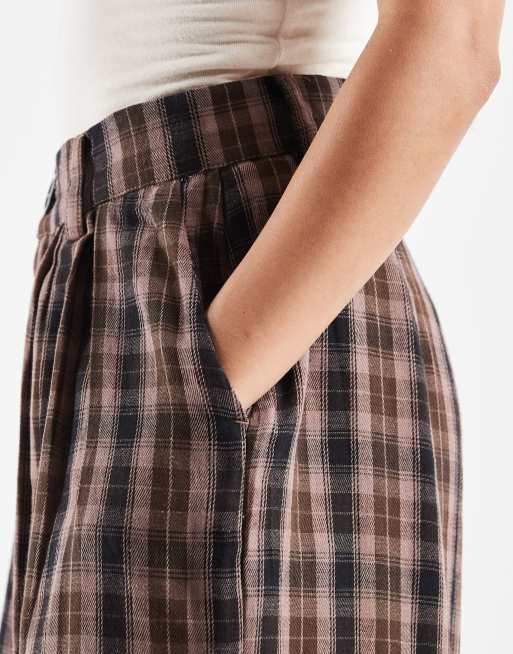 Noisy May Petite high waist wide leg plaid pants in brown, 5 of 5