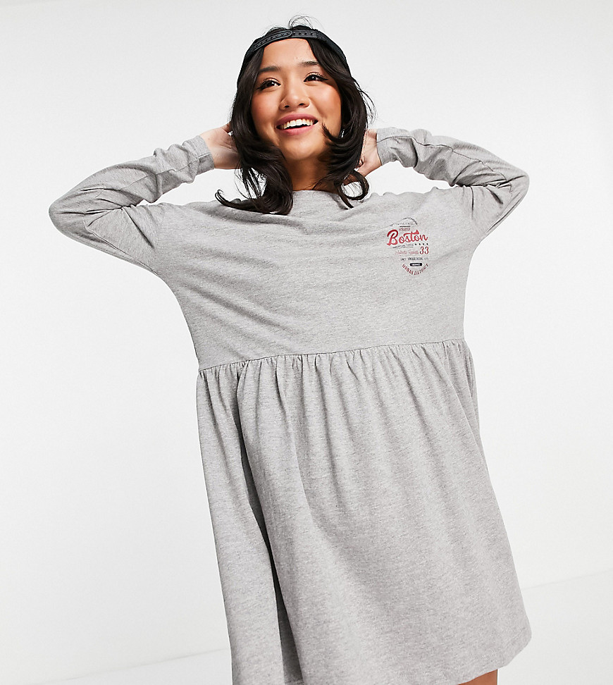 Noisy May Petite jersey smock dress with collegiate motif in grey marl