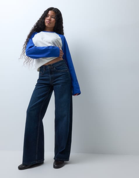 Noisy May Petite Kenzie jeans met wijde pijpen en halfhoge taille in donkerblauwe denim - view 1