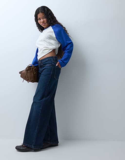 Noisy May Petite Kenzie mid rise wide leg jeans in dark blue denim, 2 of 5