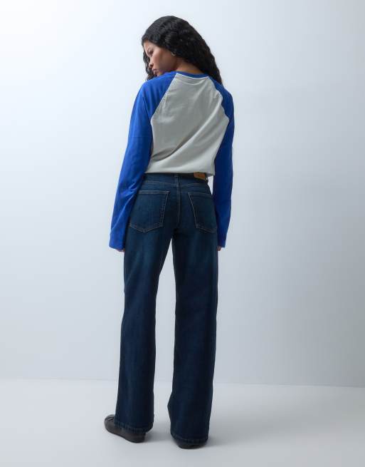 Noisy May Petite Kenzie mid rise wide leg jeans in dark blue denim, 3 of 5
