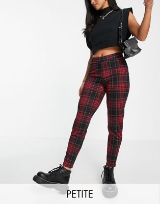 Noisy May Petite knitted slim trousers in red tartan check