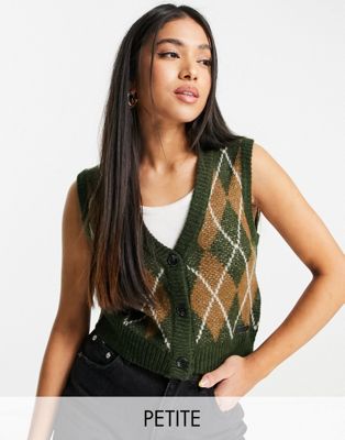 Noisy May Petite knitted vest in brown argyle print