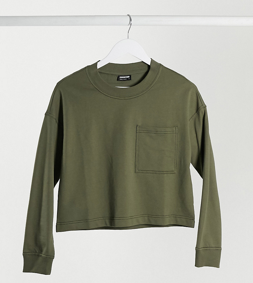 Noisy May Petite lightweight sweatshirt in khaki with black contrast stitch-Green