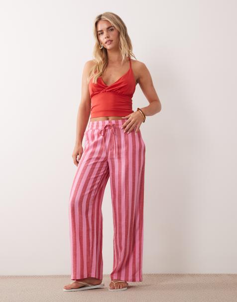 Noisy May Petite linen-mix pants in pink & red stripe - view 1