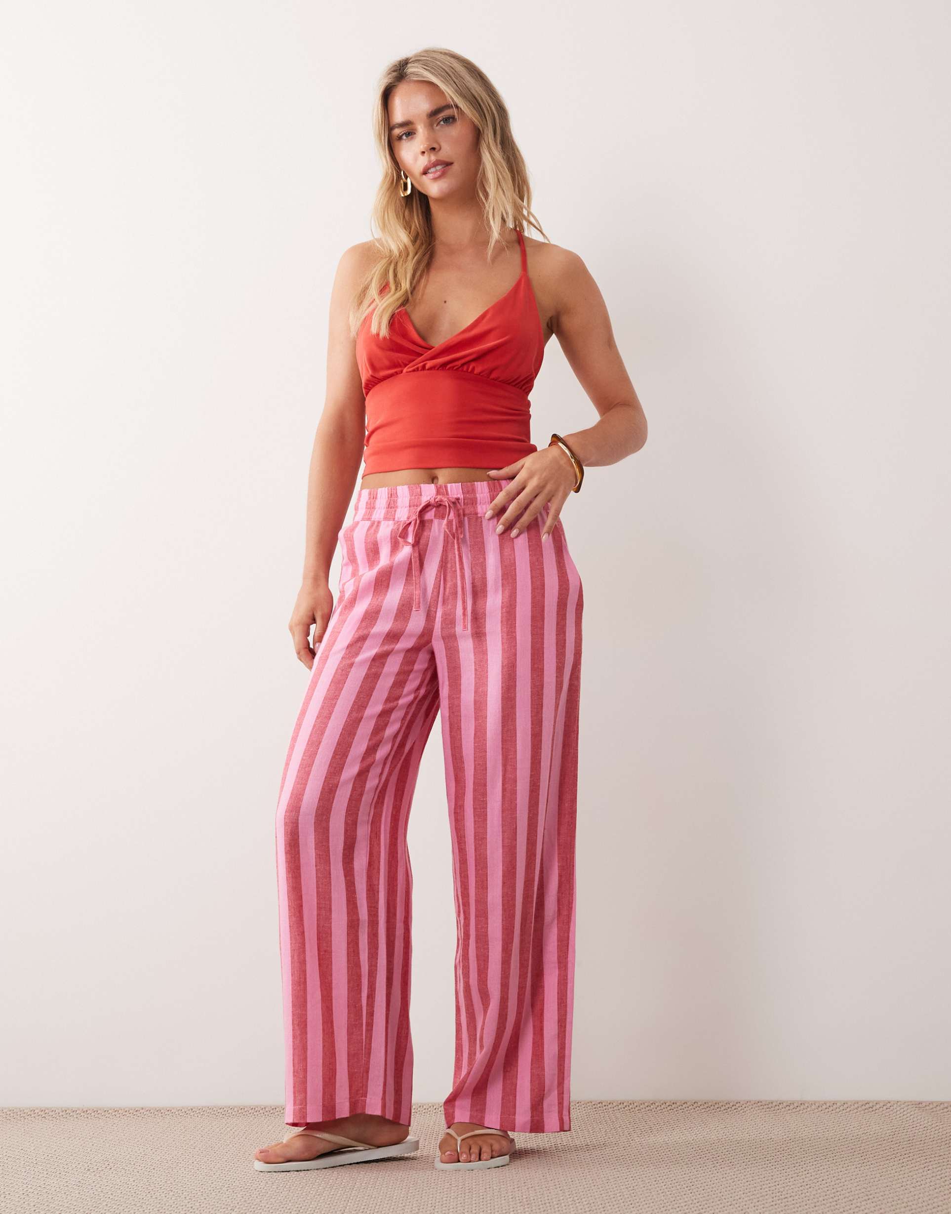 noisy may petite linen mix pants in pink & red stripes
