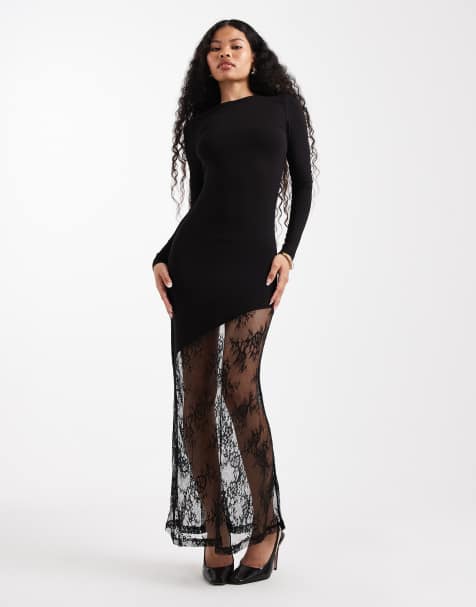 Noisy May Petite long sleeve maxi dress with lace fishtail in black - view 1