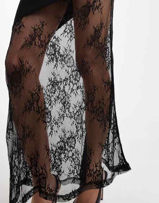 Noisy May Petite long sleeve maxi dress with lace fishtail in black