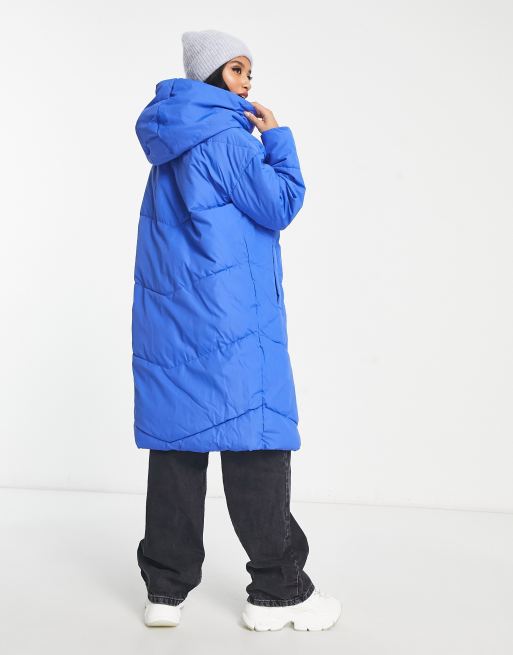 Noisy May Petite longline padded coat with hood in blue