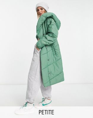 longline padded coat with hood in green