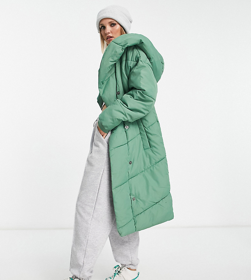 Noisy May Petite Longline Padded Coat With Hood In Green