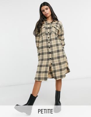 Noisy May Petite longline shirt dress in camel check-Multi