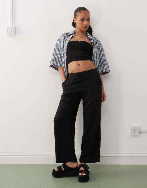 Noisy May Petite loose fit linen mix trouser in black - view 1