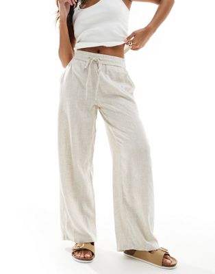 Noisy May Petite loose fit linen mix trouser in oatmeal
