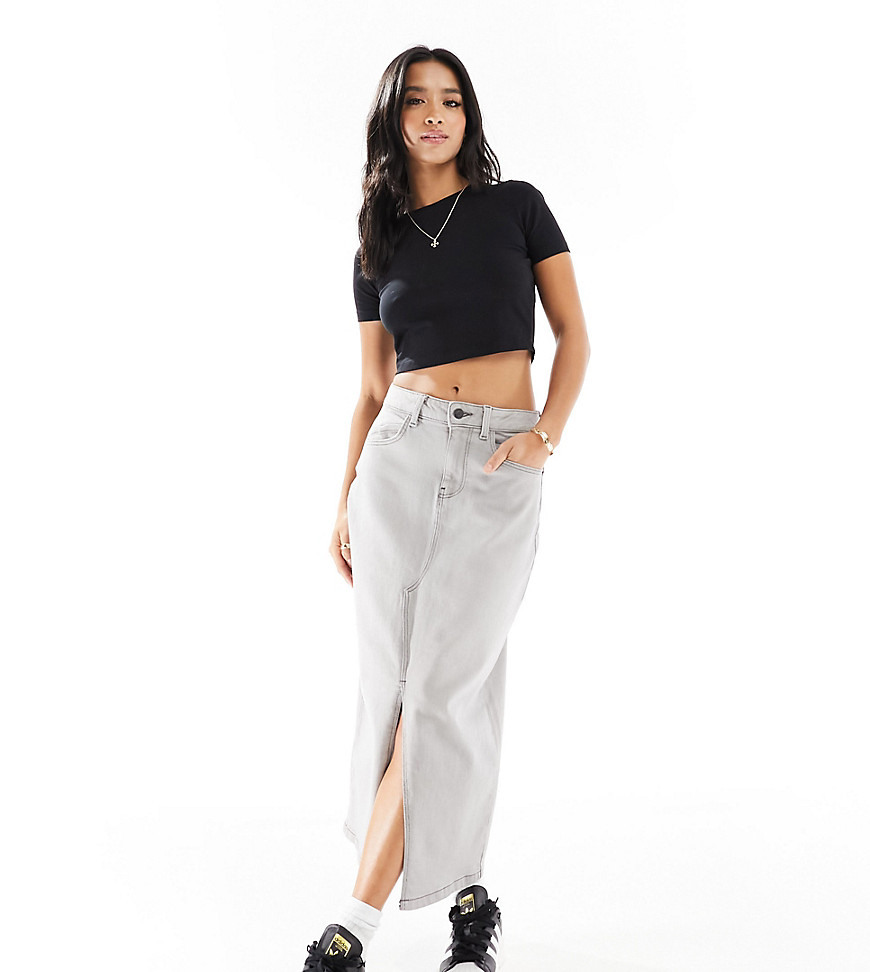 Noisy May Petite maxi skirt with slit in light grey denim wash