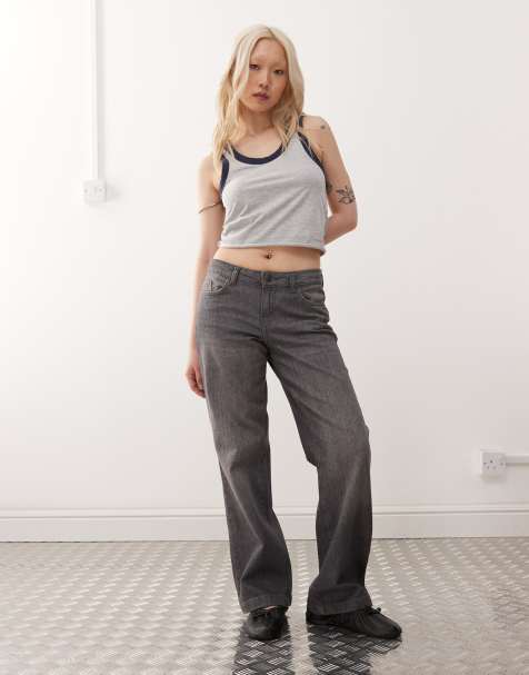 Noisy May Petite - Mørkegrå lavtaljede jeans med brede ben - view 1