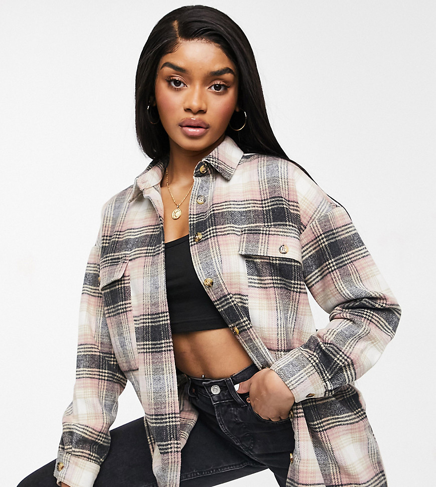 Noisy May Petite oversized shacket in pink check-Multi