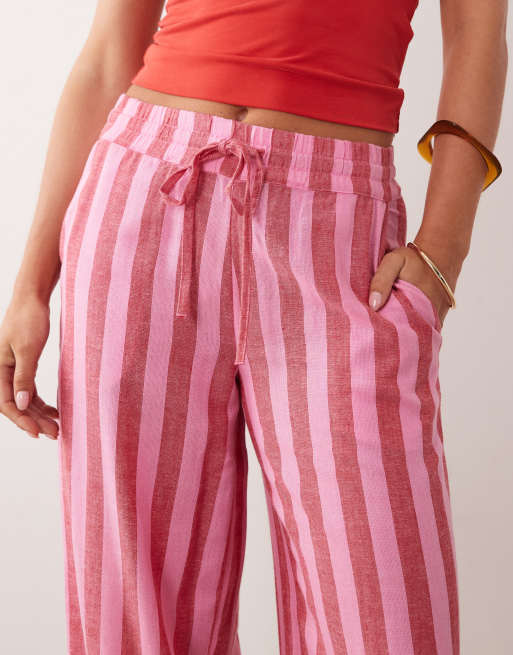 Noisy May Petite - Pantalon en lin mélangé à rayures - Rose et rouge, 3 de 5