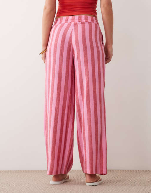 Noisy May Petite - Pantalon en lin mélangé à rayures - Rose et rouge, 4 de 5