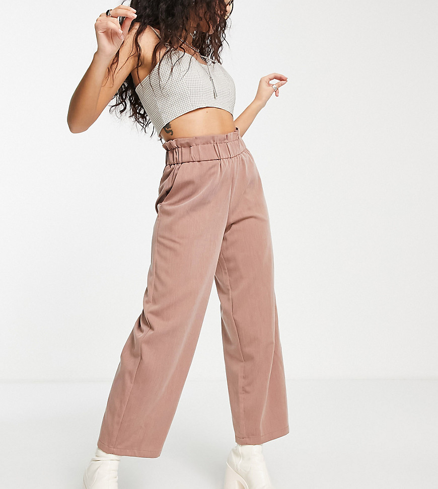 Noisy May Petite paperbag waist wide leg pants in taupe-Brown