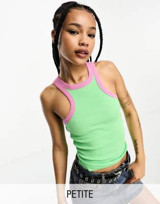 Noisy May Petite racer neck vest top with contrast binding in green