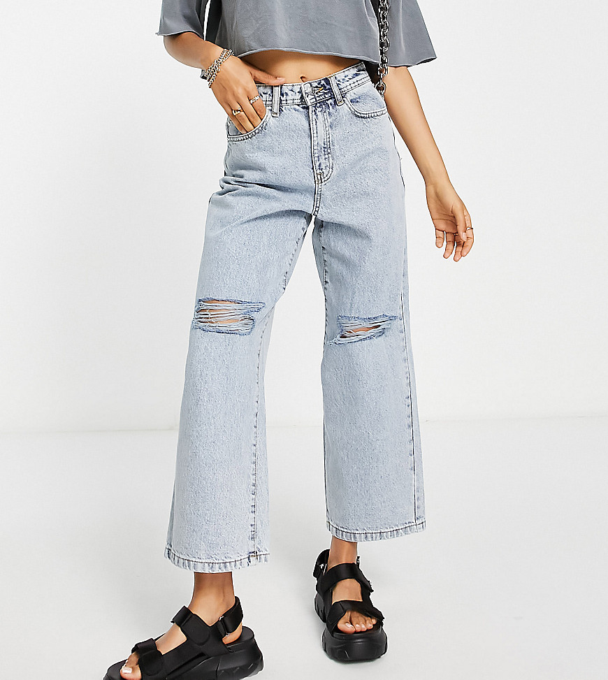 Noisy May Petite ripped knee wide leg jeans in light blue