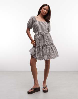 Robe courte en crépon à carreaux vichy avec volants étagés et dos nu à liens - Chocolat-Marron XL