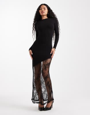 Robe longue à manches longues avec ourlet plongeant en dentelle - Noir L