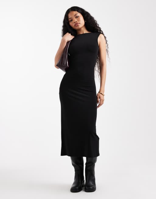 Noisy May Petite ruche detail blackless midi dress in black, 2 of 4
