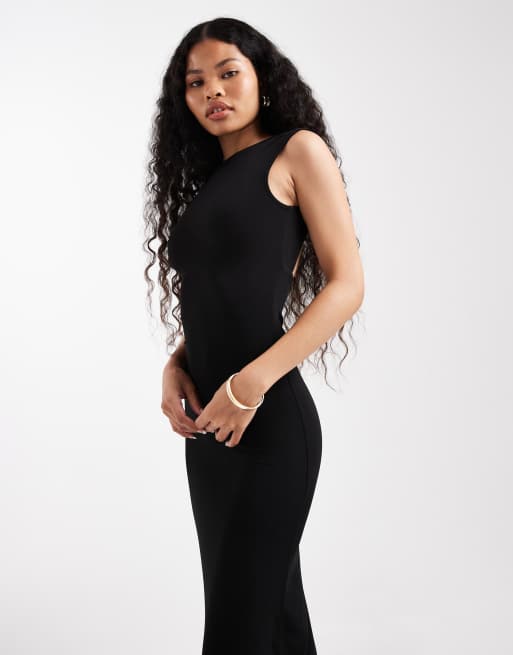 Noisy May Petite ruche detail blackless midi dress in black, 3 of 4
