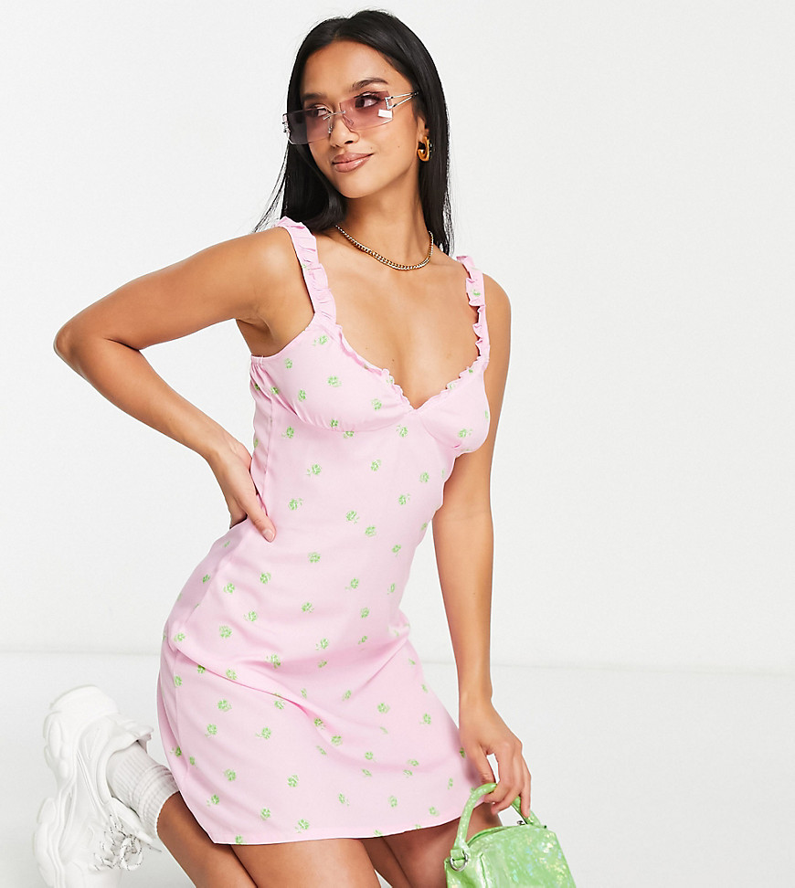 ruffle strap mini slip dress in pink ditsy print