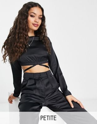 Noisy May Petite satin tie detail top co-ord in black