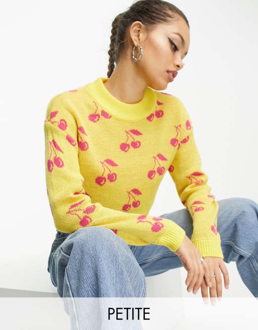 Noisy May Petite scoop neck jumper in yellow & pink cherry print
