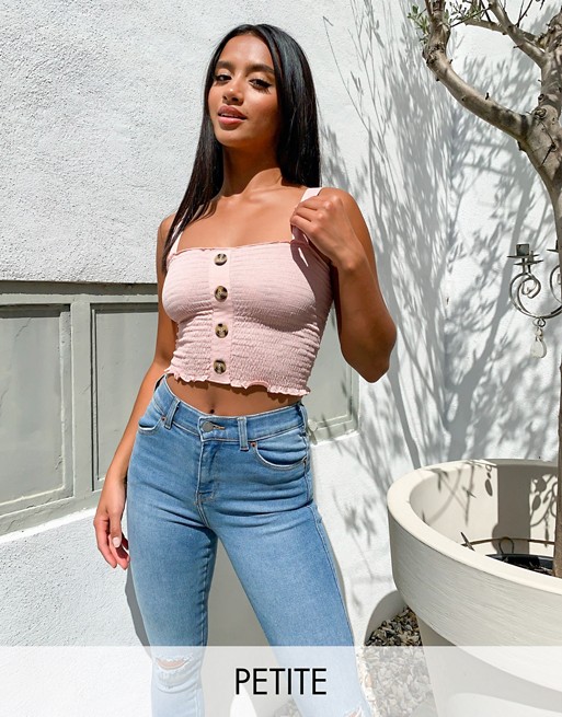 Noisy May Petite shirred crop top with button through in pink